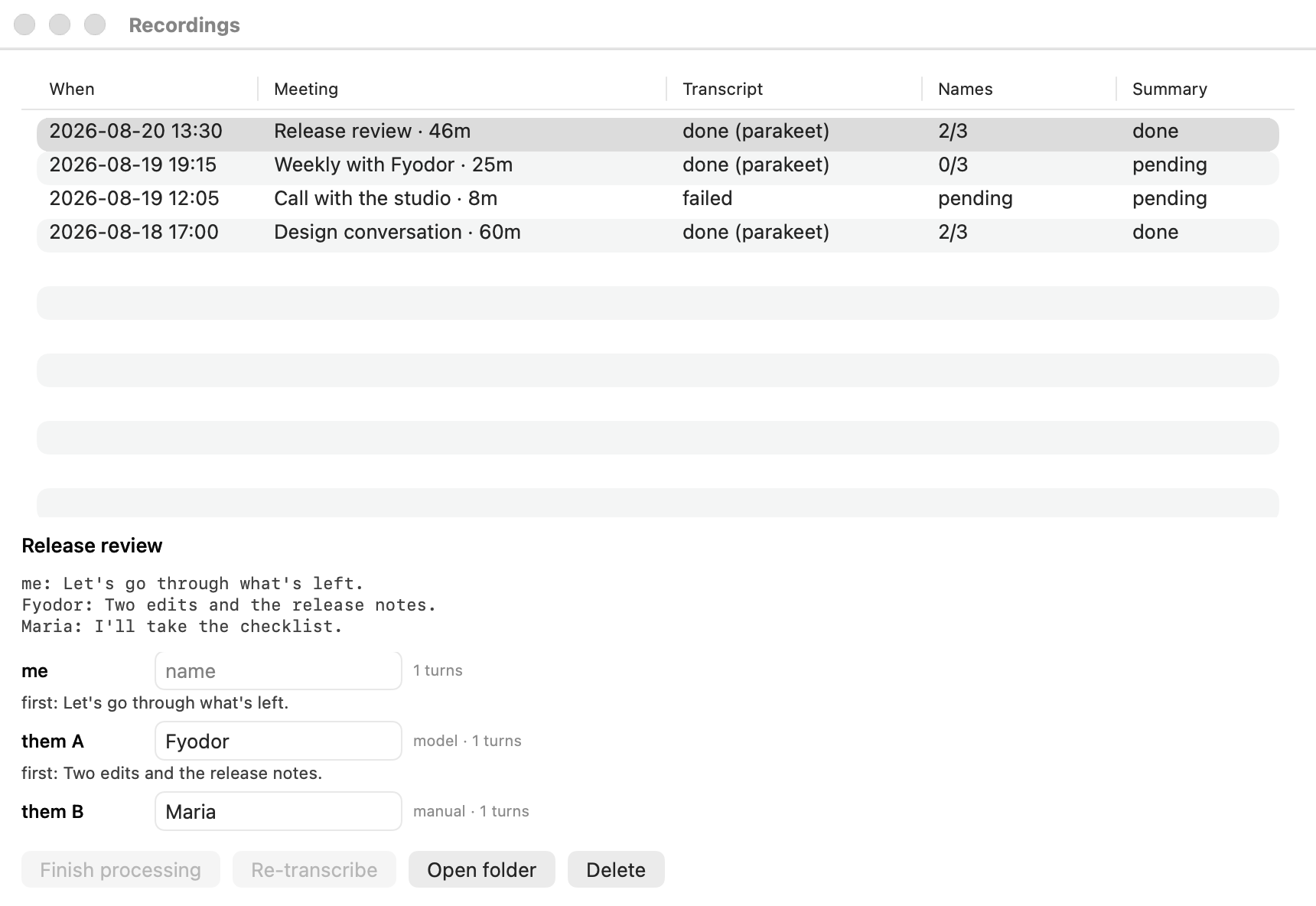 Amanu recordings window with a meeting list, transcript, speaker names, summary status, and editable names for the selected meeting.