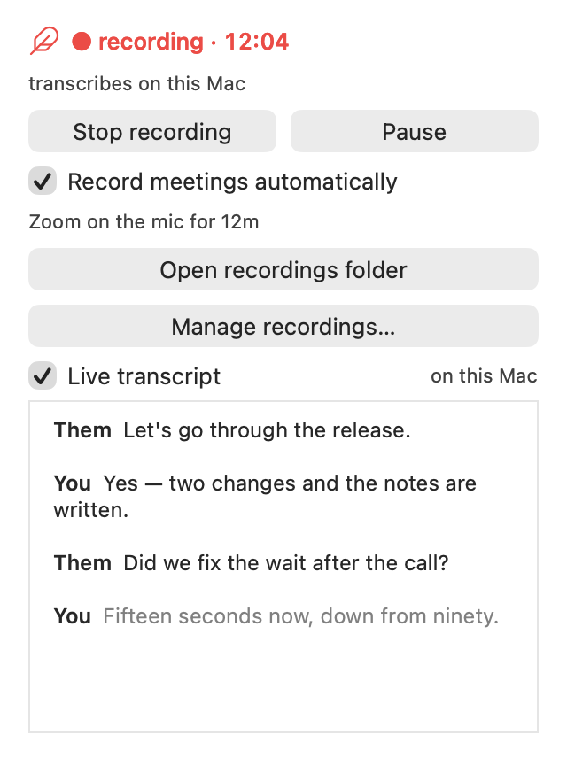 Amanu recording window with a red status dot, timer, stop and pause controls, automatic meeting recording enabled, and a live speaker-by-speaker transcript.